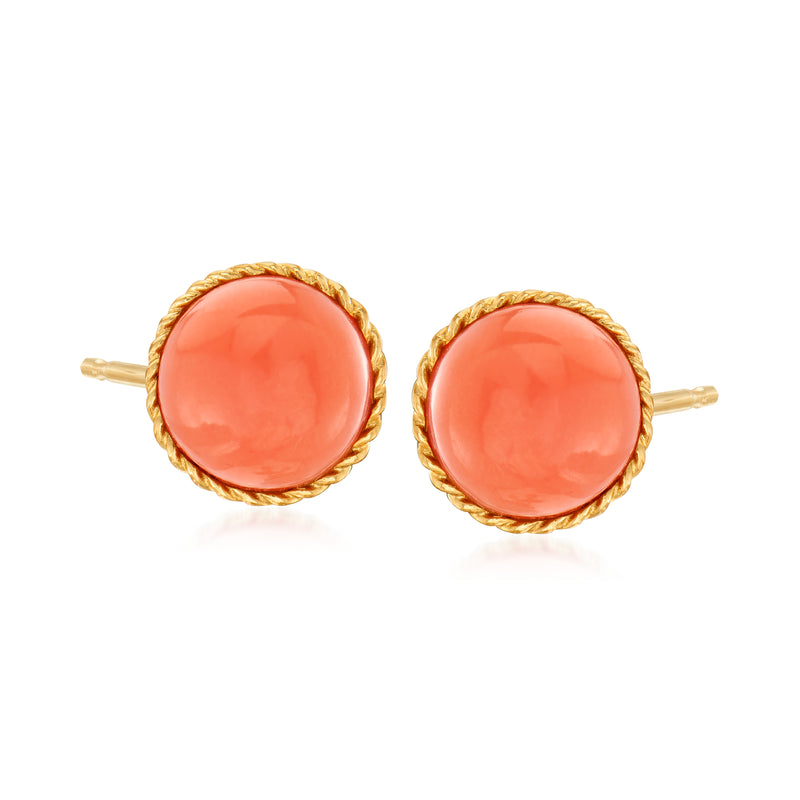 14kt yellow gold coral stud earrings, round cabochon with post backs
