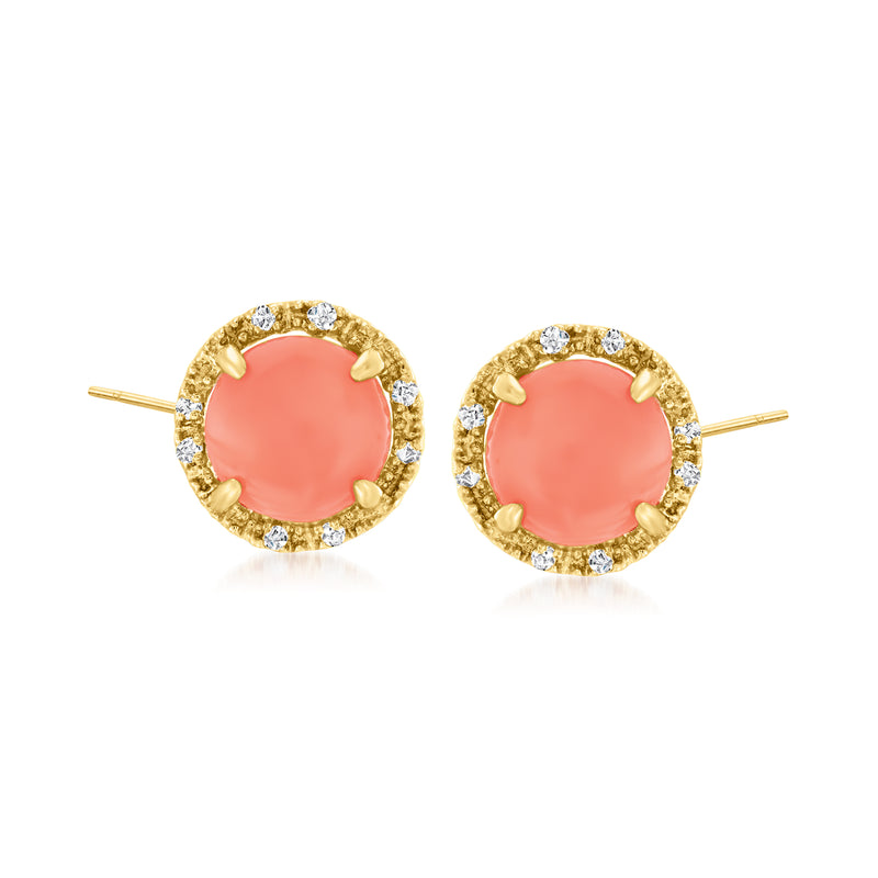 Coral pink stud earrings in 14kt yellow gold with diamond halo and post backs