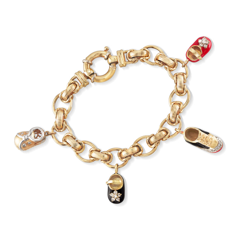 14kt yellow gold baby shoe charm bracelet with diamond and enamel accents