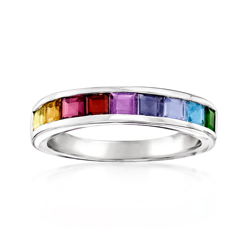 Sterling silver band ring with multicolor square-cut gemstones, rainbow row