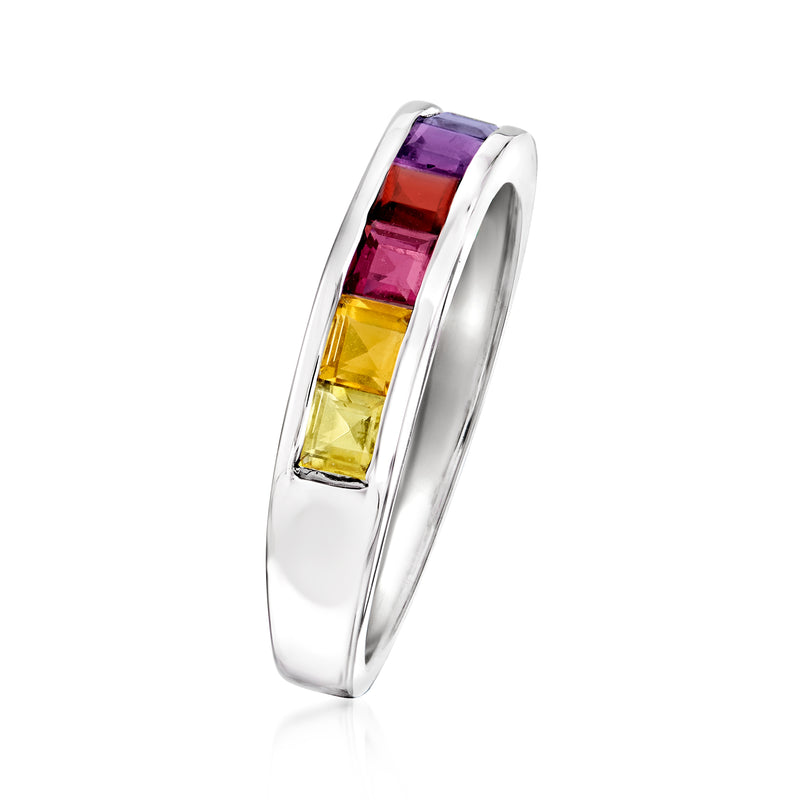 Sterling silver ring with stacked square-cut purple, red, and yellow gemstones