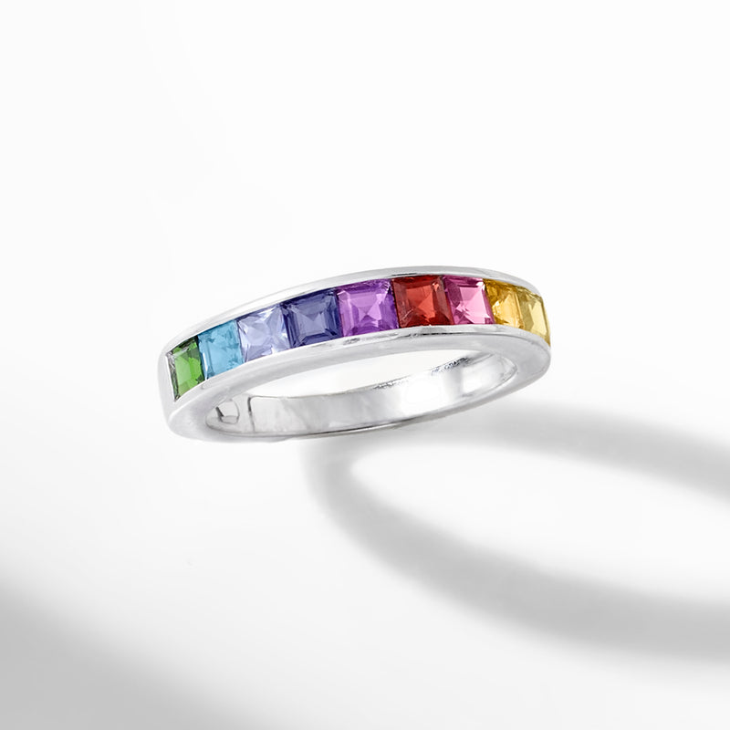 Sterling silver multi-gem band ring with a rainbow row of square-cut stones