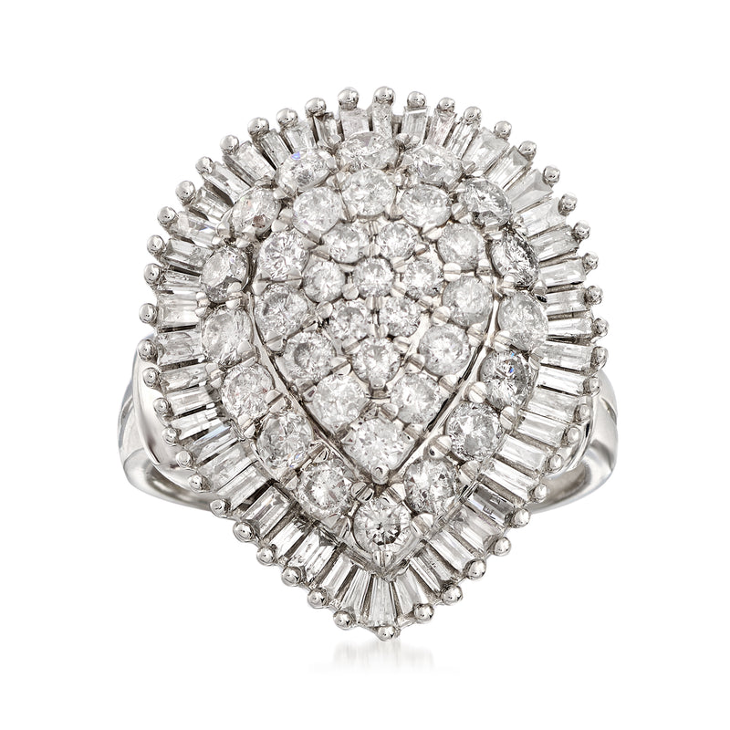 White gold diamond cluster ring with pear-shaped center and baguette halo