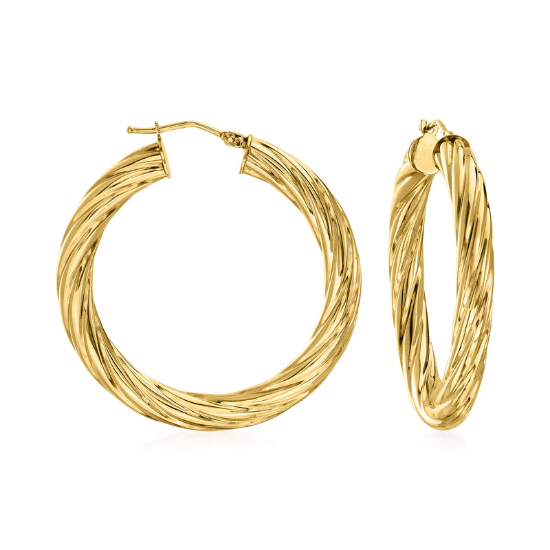 14kt yellow gold twisted hoop earrings, polished twisted wire with hinged clasp