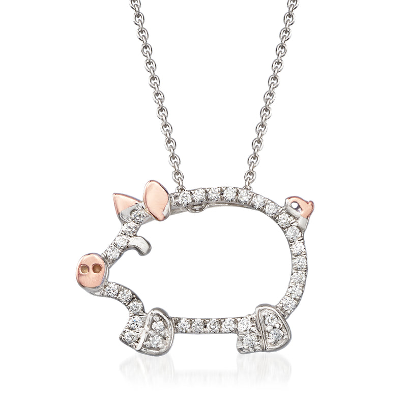 Two-tone gold diamond pig pendant necklace, circular frame with pink-gold pig heads