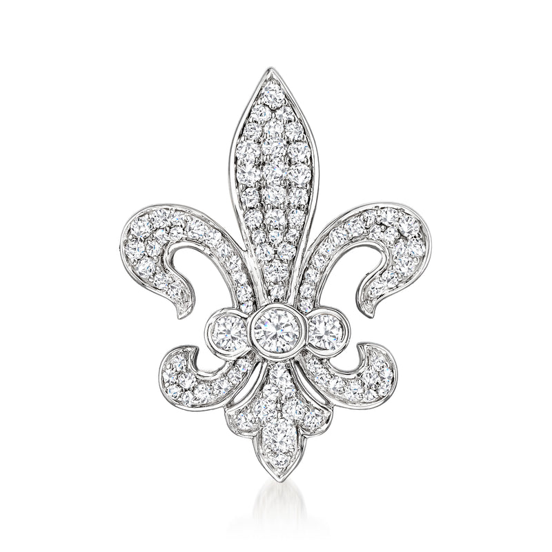 Sterling silver fleur-de-lis diamond pin with faceted clear stones and round center