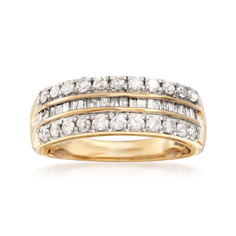 Three-row diamond ring with round and baguette stones, 14kt gold over sterling.