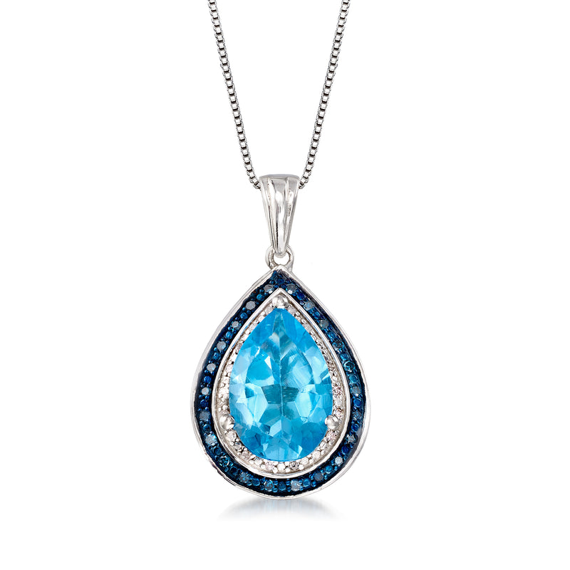 Sterling silver pendant necklace with pear-cut sky-blue topaz and blue stone diamond halo