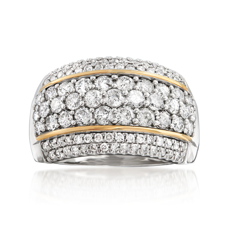 Diamond dome ring with pave round stones, sterling silver and 14kt yellow gold bands