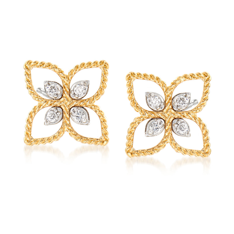Two-tone gold diamond flower post earrings with four-petal motif