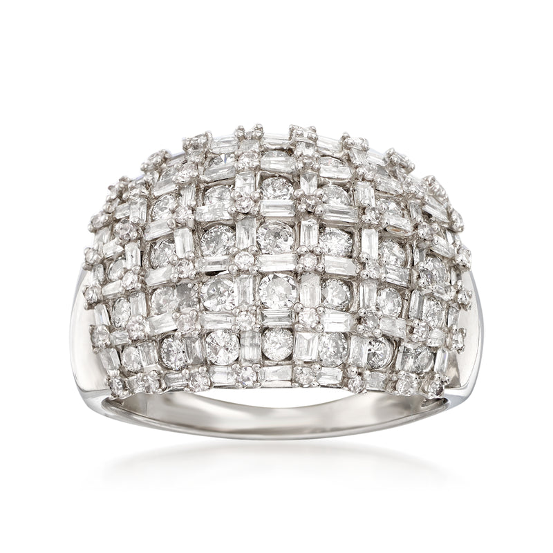 14kt white gold diamond basketweave ring with baguette and round stones, wide top