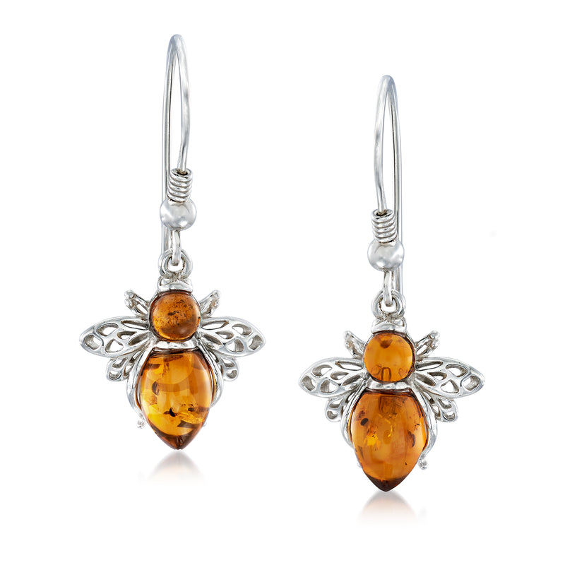 Sterling silver drop earrings with amber bee charms and ear wires