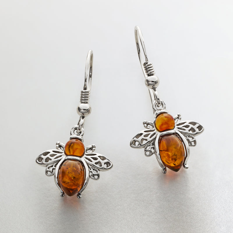 Sterling silver amber bee drop earrings with wing details and ear wires