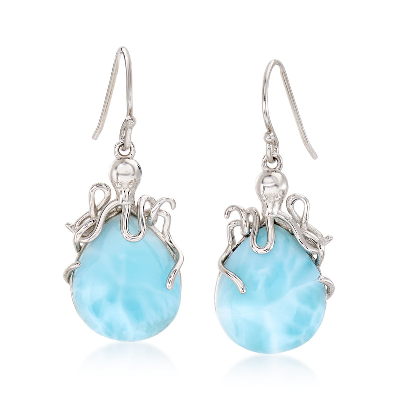 Sterling silver octopus drop earrings with blue larimar teardrop, earwire