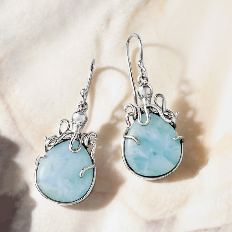 Octopus drop earrings with blue larimar teardrop, sterling earwire hooks