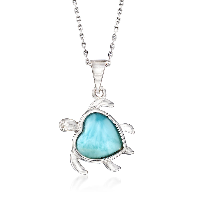 Sterling silver larimar turtle pendant necklace with oval blue-green gemstone and link chain