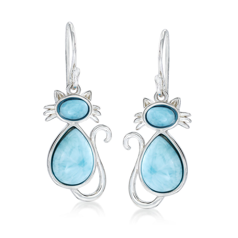 Sterling silver cat drop earrings with Larimar blue oval stones