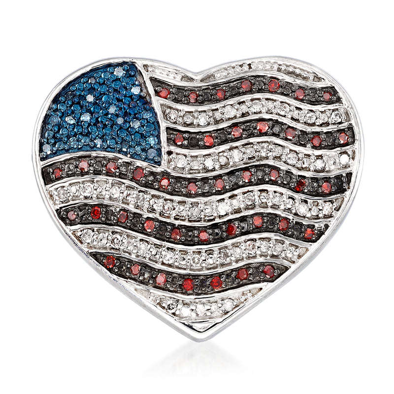 Sterling silver heart pin with American flag design in red, white, and blue diamonds