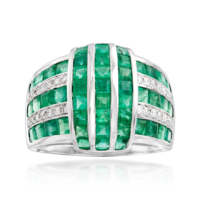 Emerald and diamond multi-row ring with green center stone in 18k white gold