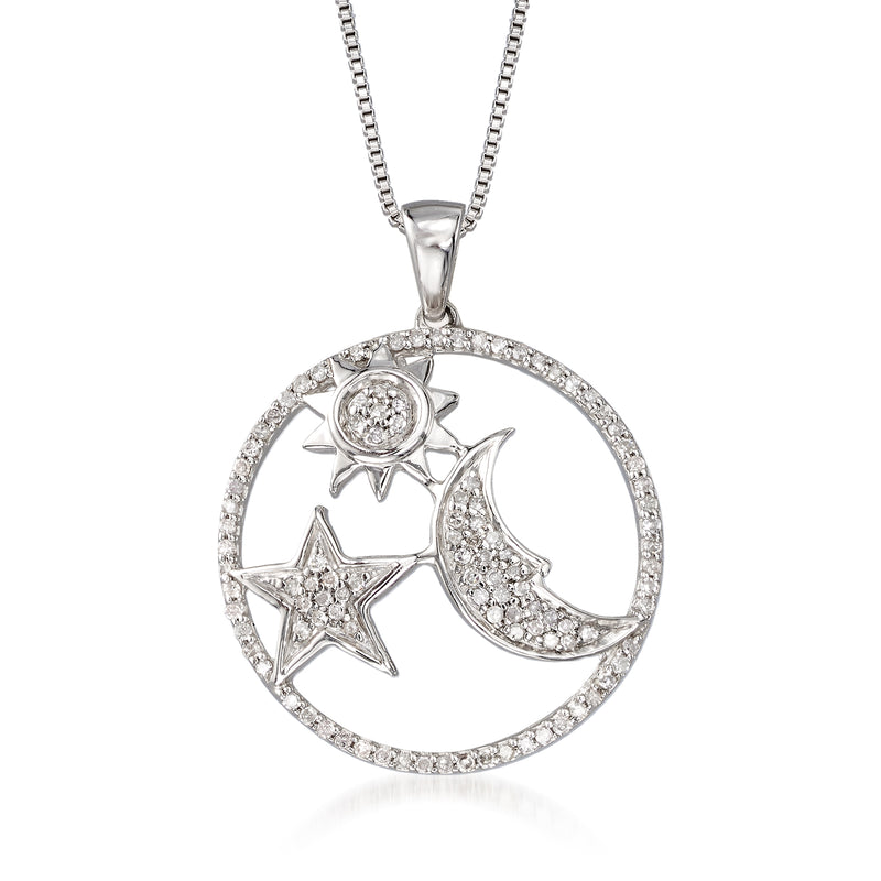 Sterling silver moon and star pendant necklace with round diamond-accented bezel