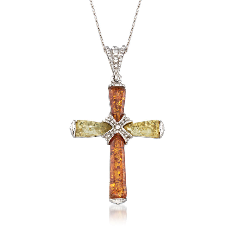 Sterling silver cross pendant necklace with orange amber accents and chain