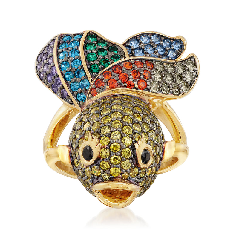Multicolored CZ fish ring with gold-tone band, detailed jeweled scales and eyes