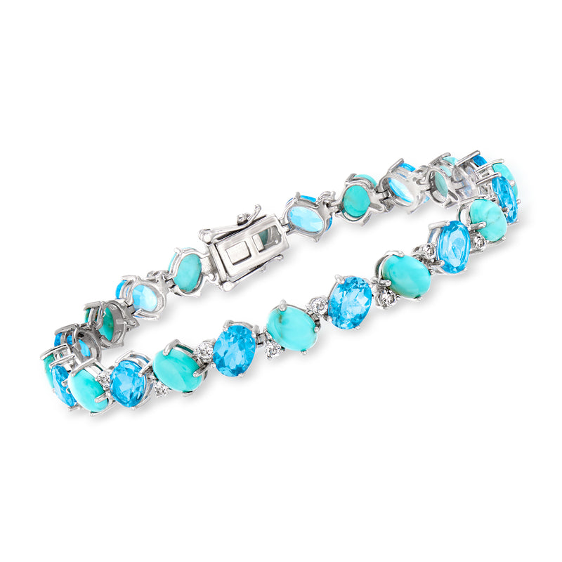 Sterling silver gemstone tennis bracelet with turquoise, sky-blue, and clear topaz links