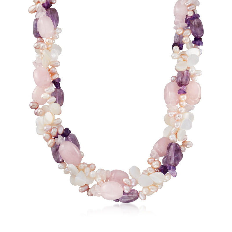 Sterling silver torsade necklace with white pearls, pink rose quartz drops, and purple amethyst beads