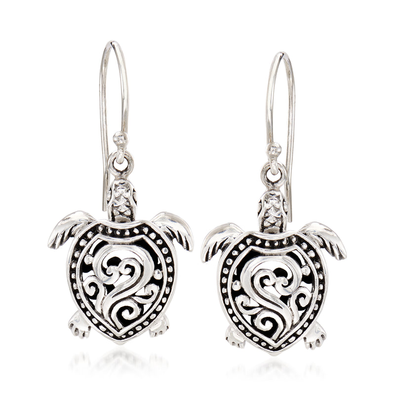 Sterling silver turtle drop earrings, heart filigree, lever hooks