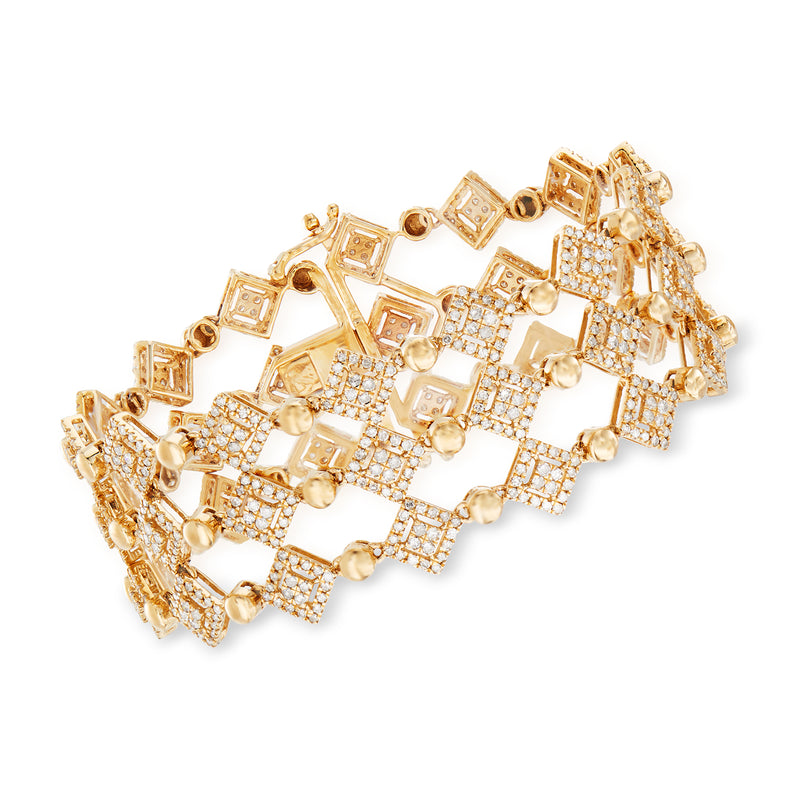 Three-row diamond bracelet in 14kt yellow gold with square-stone rows