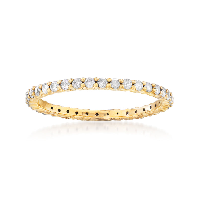 Gold eternity band with round diamond stones, 18kt gold over sterling, side view