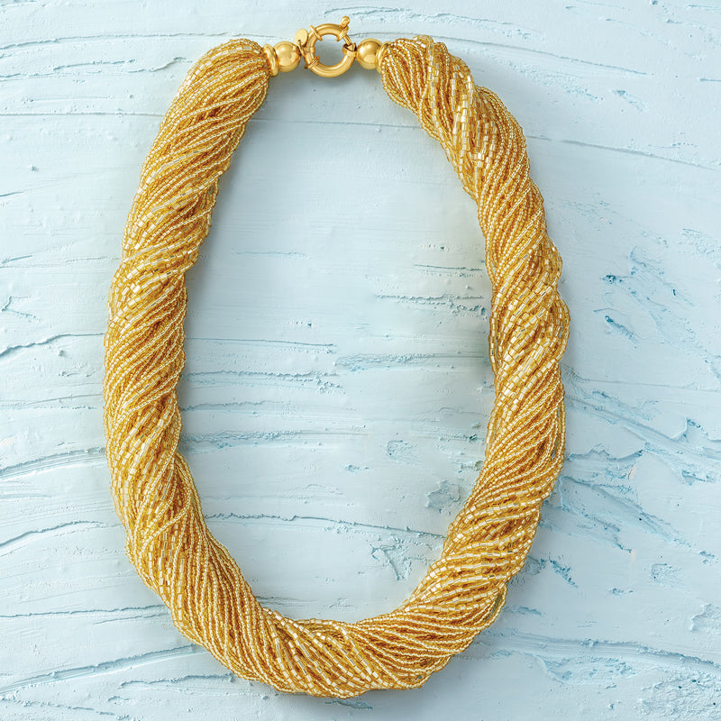 Golden Murano bead torsade necklace with clasp, oval loop of twisted strands