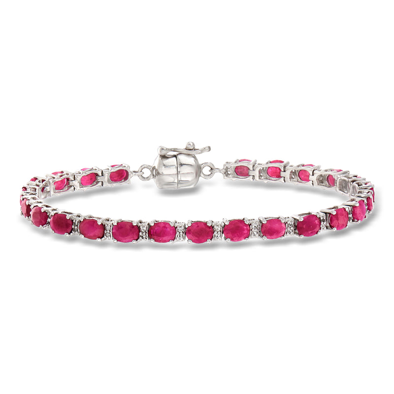 Sterling silver tennis bracelet with pink ruby stones and white topaz accents, magnetic clasp