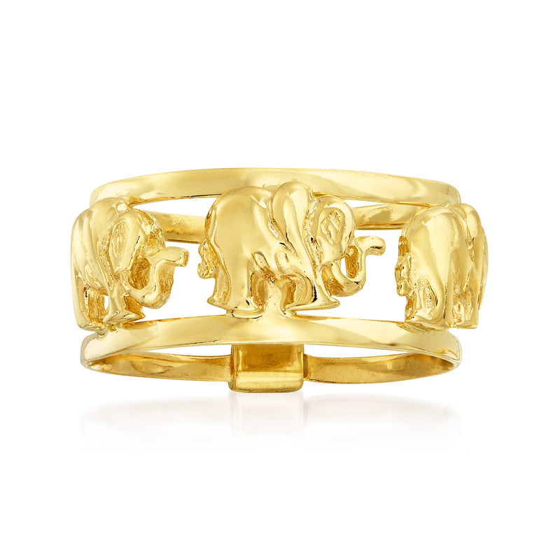 14kt yellow gold elephant motif ring with embossed side figures
