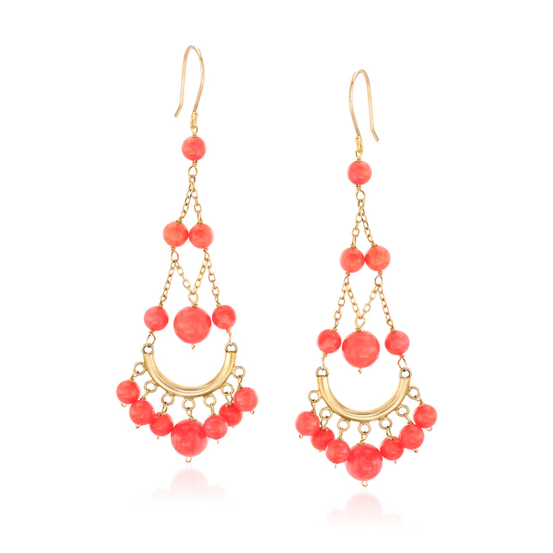 14kt yellow gold coral beaded chandelier drop earrings with crescent bar, earwire hooks