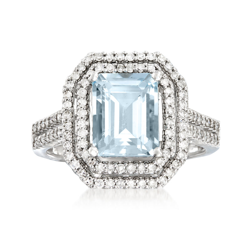Aquamarine and diamond ring with emerald-cut center, diamond halo, 18kt white gold band