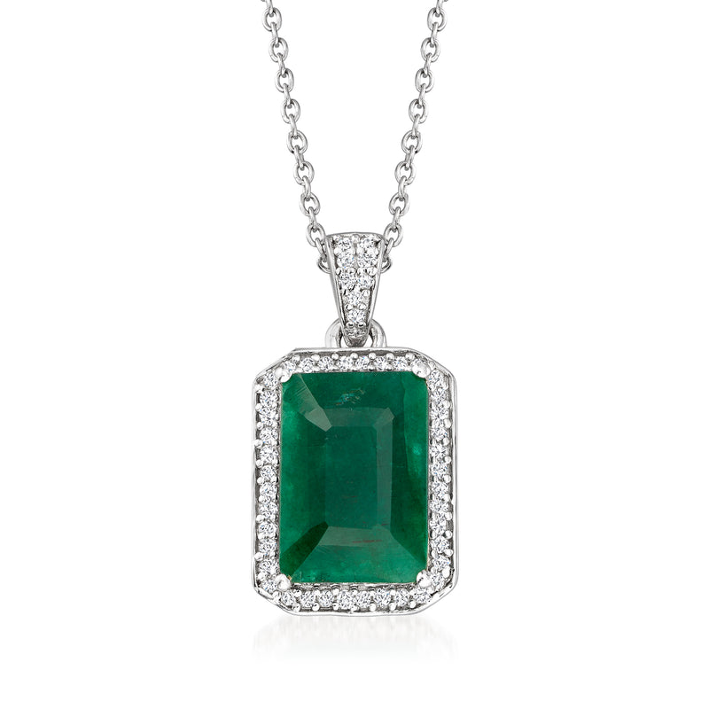 Sterling silver pendant necklace with emerald-cut green gemstone and diamond halo