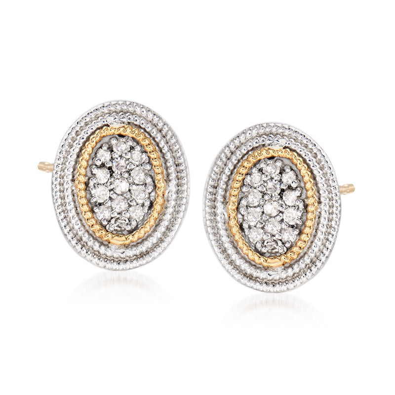 Oval diamond cluster earrings with sterling silver frame, 14kt yellow gold border, post backs