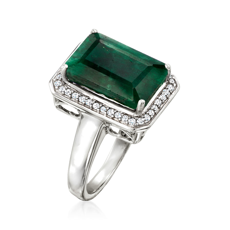 Sterling silver ring with rectangular emerald and diamond accents