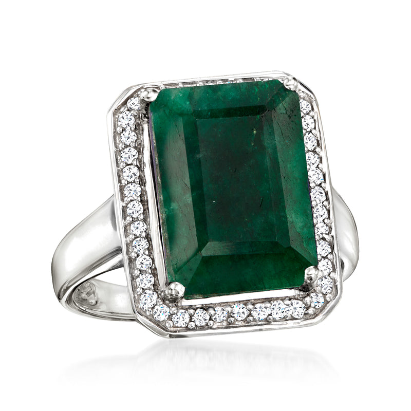 Sterling silver ring with emerald-cut emerald-green center and diamond halo