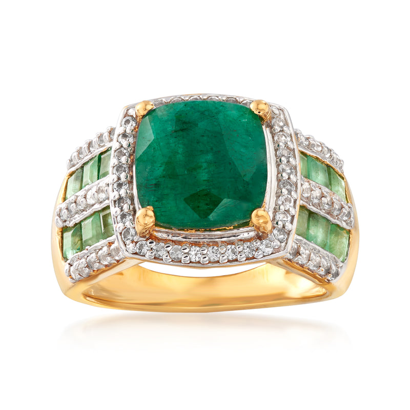Emerald green gemstone and white topaz ring with gold over sterling setting