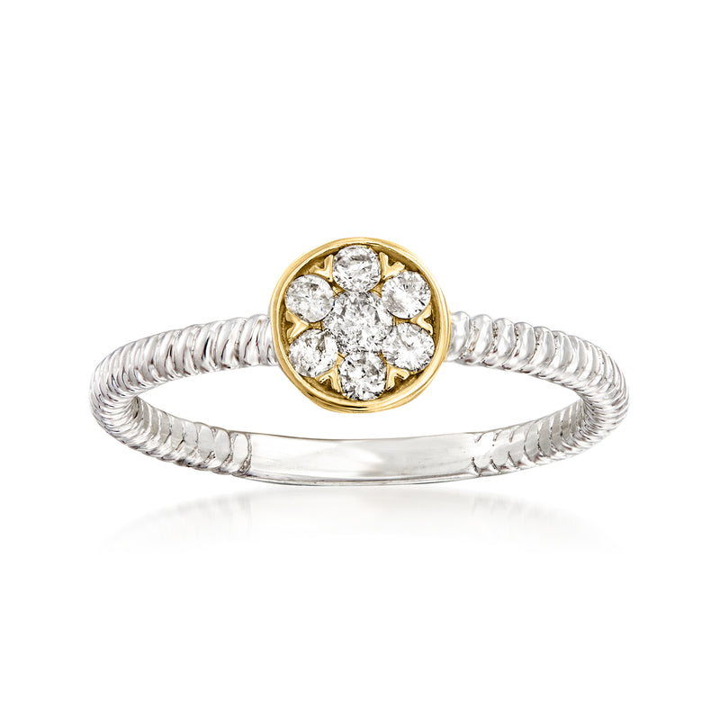 Sterling silver twisted band ring with round diamond cluster and yellow gold bezel