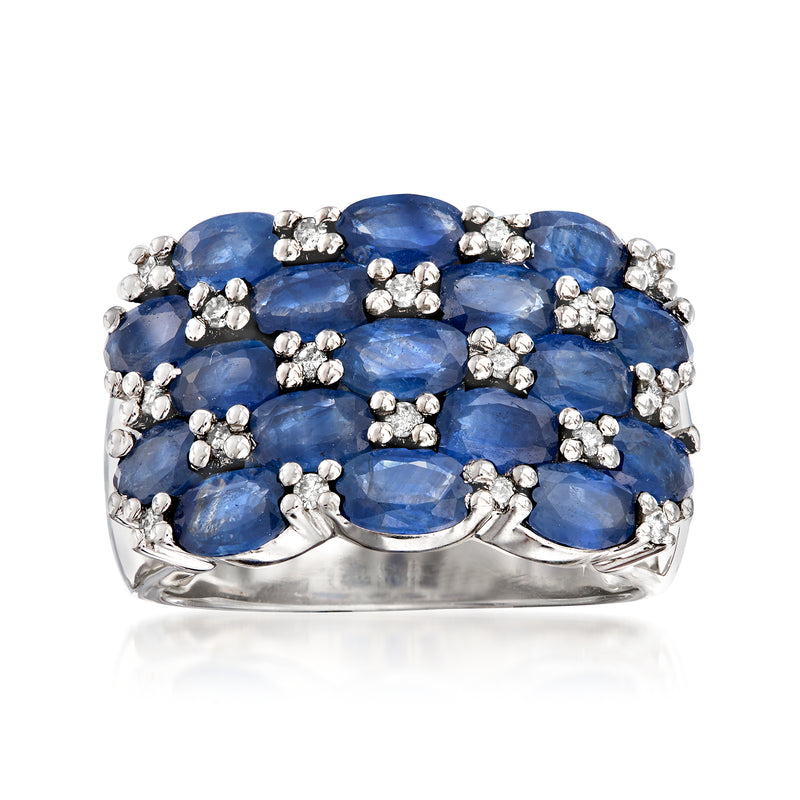 Sterling silver multi-row ring with oval blue sapphire stones and small round diamonds