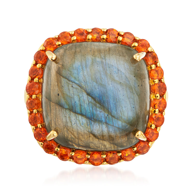 Gold-tone ring with oval labradorite cabochon and orange citrine halo