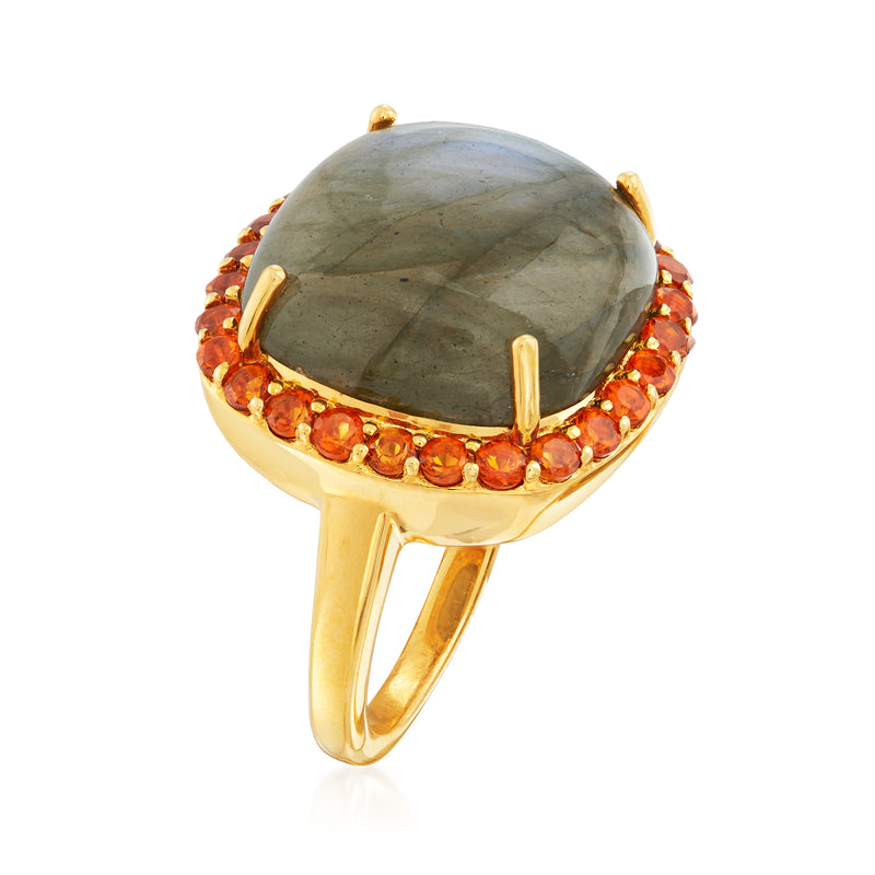 Gold-tone ring with oval labradorite cabochon and orange gemstone halo