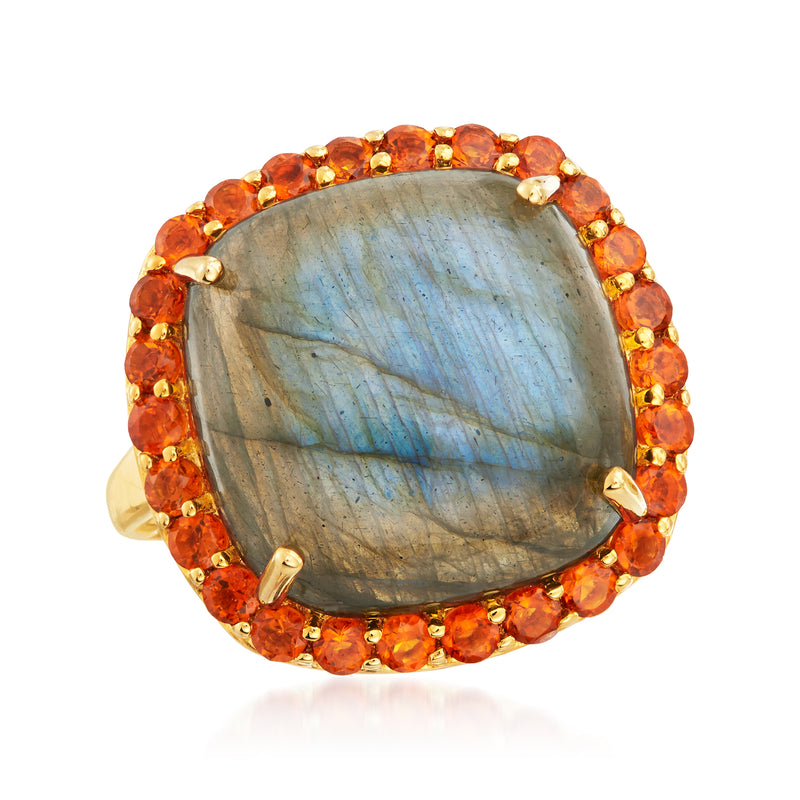 Gold-tone oval labradorite cabochon ring with orange citrine halo setting
