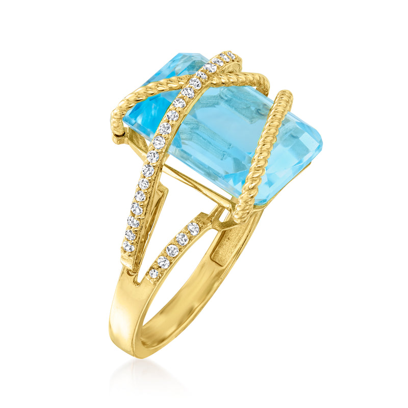 14kt yellow gold ring with blue topaz rectangle center and diamond sidestems