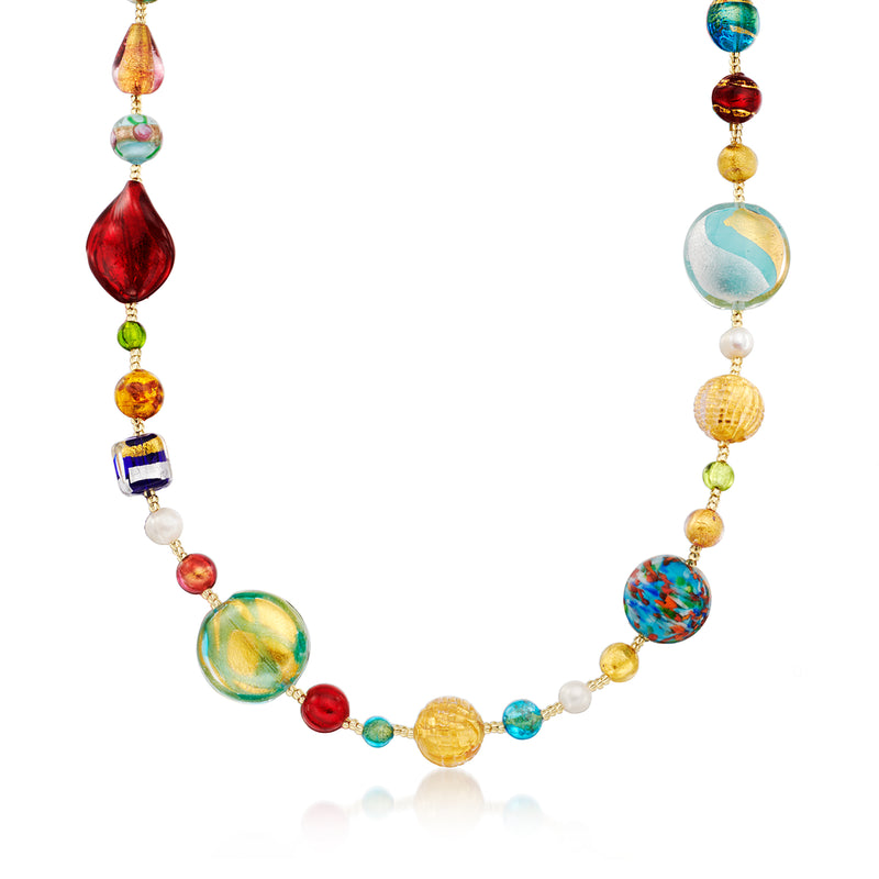 Multicolored Murano glass bead and pearl necklace with gold over sterling links