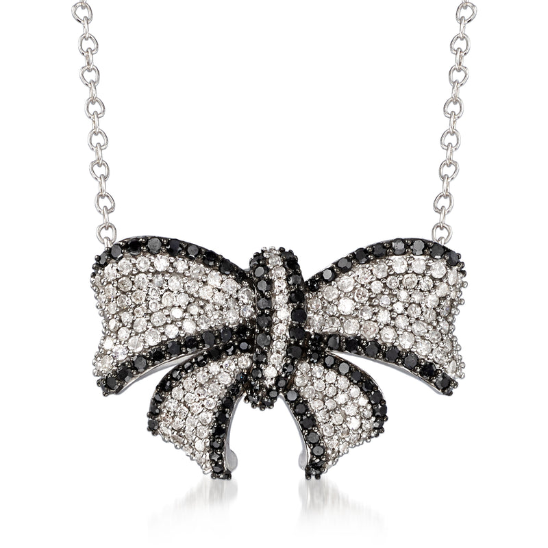 1.00 ct diamond bow necklace with black and white stones in 14kt white gold