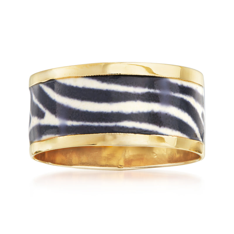 14kt yellow gold enamel zebra-print ring with dark and white striped band